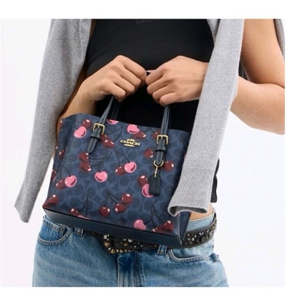 Coach Mollie Tote Bag 25 In Signature Canvas Blue With Cherry Print (CZ772) - Picture 3 of 5